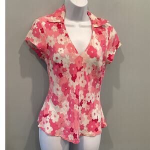 Allison Taylor Womens Silk Babydoll Shirt Retro Floral Pink Y2K 70s Spring